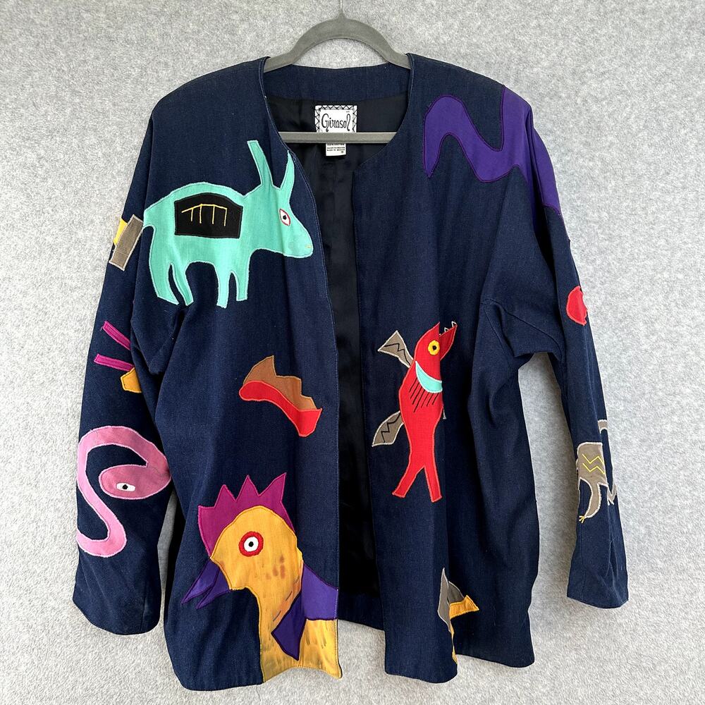 VTG Girasol Mexican Jacket Size L Denim Folk Art Appliqué Creature Serpent Artsy